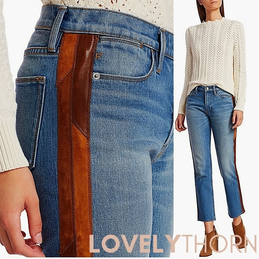 FRAME // ltd ed le high straight cropped paneled leather tuxedo stripe denim
